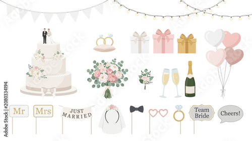 Fotografie A joyful wedding celebration scene with decorations including a cake, flowers, gifts, and champagne at a romantic indoor party event with love