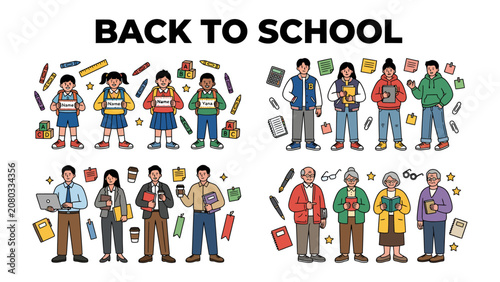 Bild auf Leinwand Diverse Students and Educators Return to School: A collection of illustrations depicts children, teenagers, and adults, including teachers and older learners