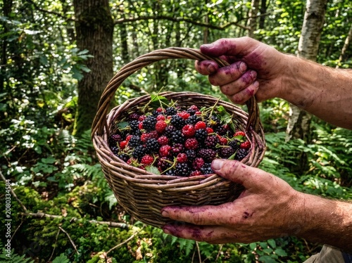 A person holds a wicker basket filled with mixed berries in a forest