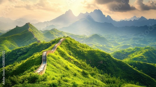 Ancient wall winding through lush hills at sunrise