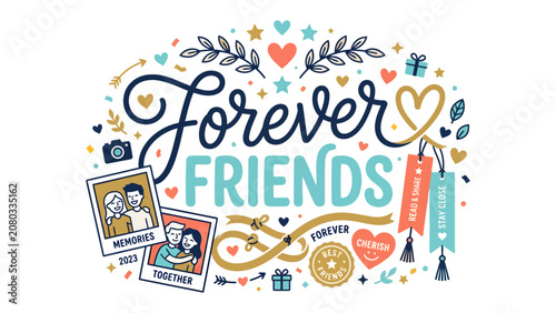 Bilde på lerret Forever Friends: A heartwarming illustration celebrating the enduring bond of friendship, featuring playful typography, cherished memories captured in photos, and symbols of love and togetherness