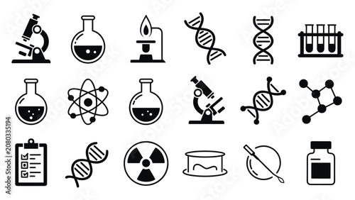 Set of black and white science and laboratory icons with laboratory research microscope chemistry experiment molecule education scienceicons