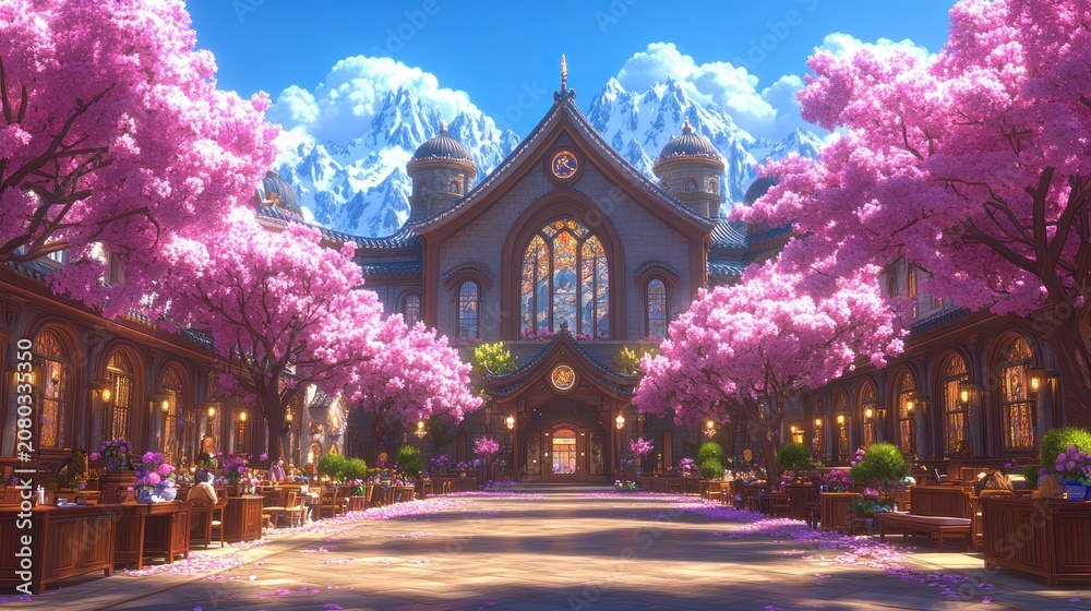 Fototapeta premium Animated school building, cherry blossoms, snowy mountains