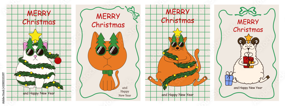 Fototapeta premium Retro Merry Christmas and Happy New Year greeting Posters Set. Vector 2027 ram fun XMAS cat and trendy Coquette frame. XMAS art on checkered copybook sheets background. EPS 10