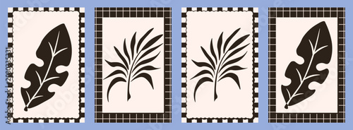 Modern Nature poster cover set. Black palm leaves silhouette on modern geometric background. Perfect interior living room poster card wall decor set.  EPS 10