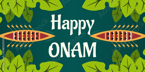 Happy Onam horizontal Banner  design. Vector Indian Wallam Kali Boat in palm leaves Frame with bold Holiday message isolated blue water Background. Happy Oman greeting placard design. EPS 10