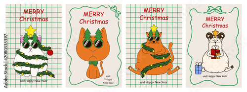 Retro Merry Christmas and Happy New Year greeting Posters Set. Vector 2027 ram fun XMAS cat and trendy Coquette frame. XMAS art on checkered copybook sheets background. EPS 10