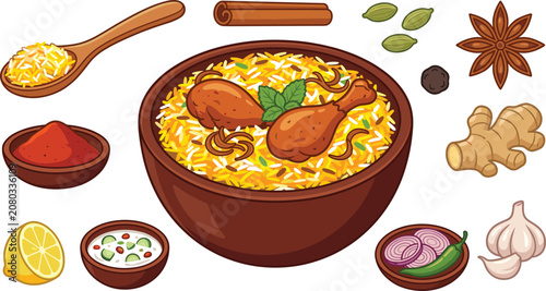 Foto Traditional Indian Chicken Biryani Rice Bowl Vector Set with Spices, Ginger, Gar