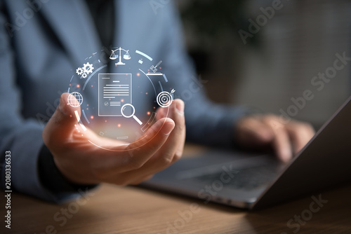 Legal compliance and document review concept with business professional managing regulatory requirements, contract verification, governance standards, risk assessment, corporate compliance processes.