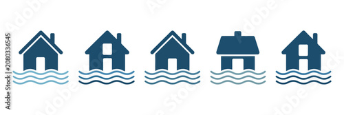 Foto Flooding icon set, natural disaster symbols showing inundation, home flood damag
