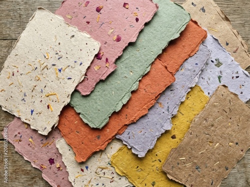 Vibrant colored paper sheets with specks arranged on wooden surface