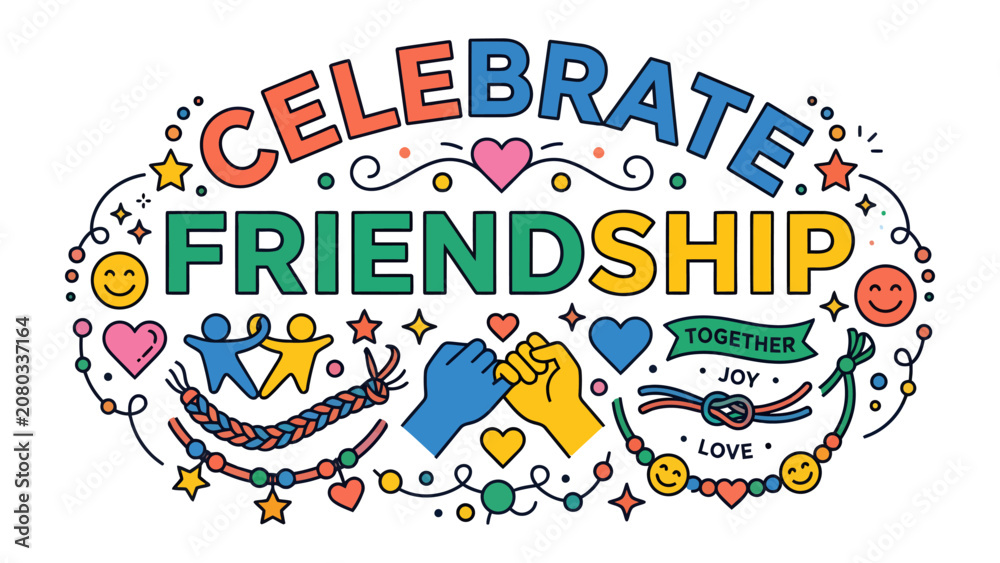 Obraz premium Celebrate Friendship Graphic: A vibrant and colorful graphic illustration proclaiming Celebrate Friendship with cheerful icons of connection, love, and togetherness.
