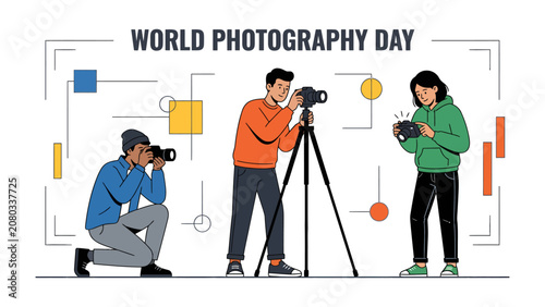 Photography World Photography Day Celebration: Three individuals are engrossed in capturing moments on World Photography Day, each holding a camera and actively engaged in the art of photography