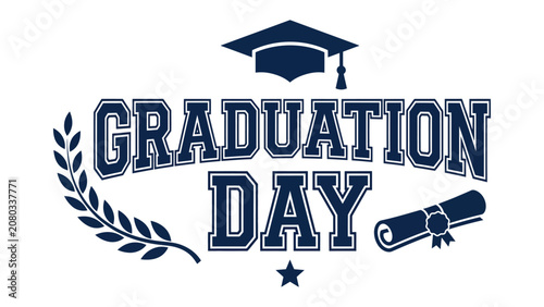 Quadro em tela Graduation Day Emblem: A stylized illustration featuring a mortarboard, laurel wreath, and diploma, celebrating academic achievement and the milestone of graduation day