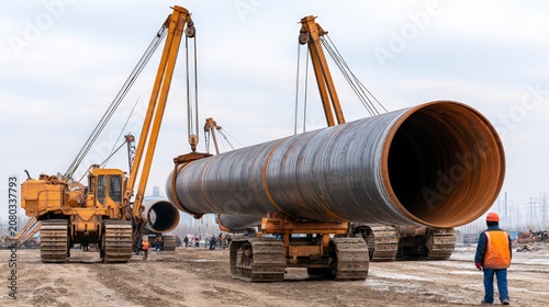 Workers Assembling Large Gas Pipeline Sections with Heavy Machinery