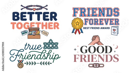 Cuadro en lienzo Friendship Celebration Set: A collection of illustrated designs celebrating friendship with phrases like Better Together, Friends Forever, and Good Friends, adorned with icons such as trophies