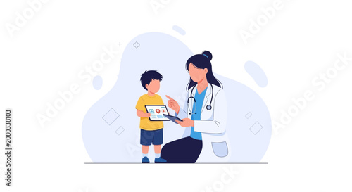 Doctor consulting a child with a tablet, displaying health icons and data, representing pediatric care and modern medicine.
