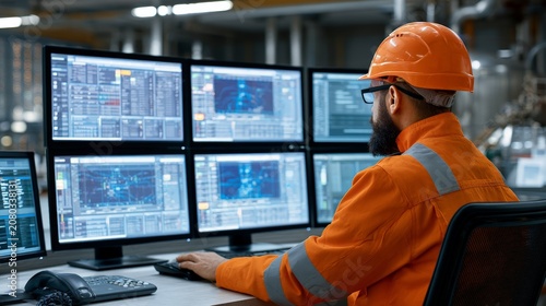 Engineer Monitoring Multiple Digital Screens in Control Room Setup