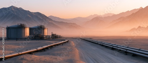 Gas Storage Facility in Desert Landscape with Pipe Infrastructure