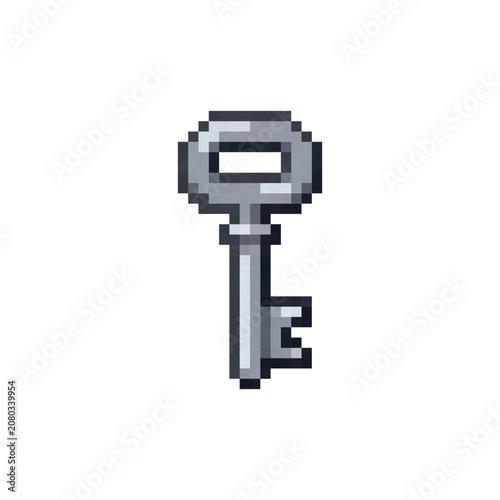 Pixel art silver key vector illustration isolated on white background.
