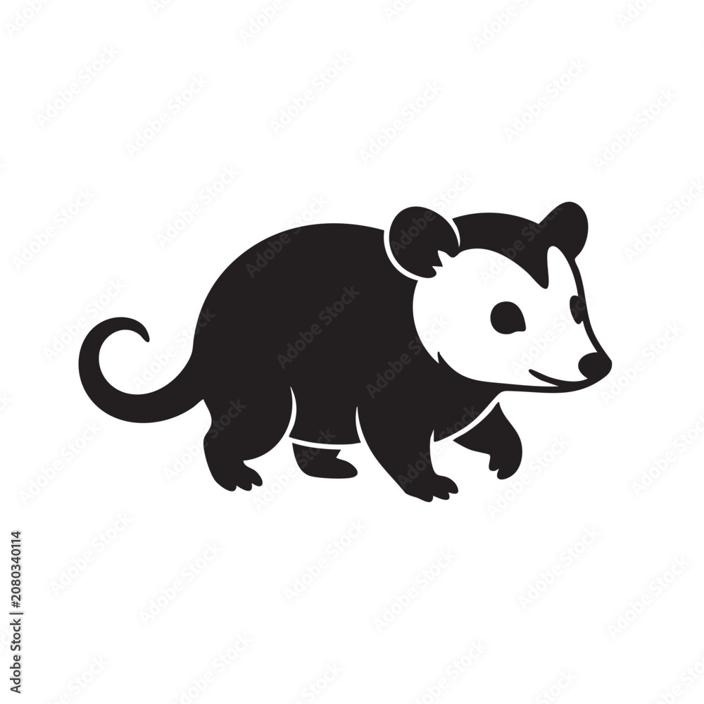 Fototapeta premium Black and white opossum silhouette walking isolated on white background, Vector, illustration