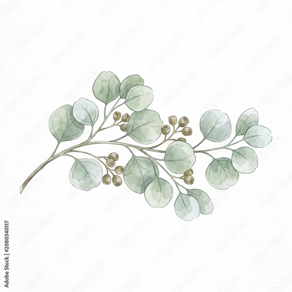 Obraz premium Watercolor vector branch with green eucalyptus leaves silver dollar tree leaf