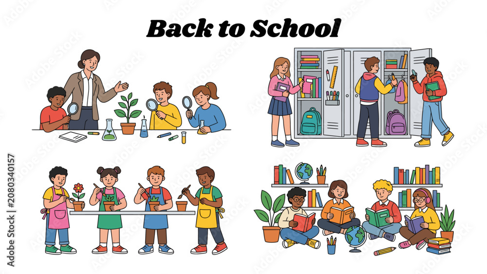 Fototapeta premium Back to School Collection: A vibrant collection of illustrations depicting various back-to-school activities, including science lessons, organizing lockers, gardening, and reading in a library.