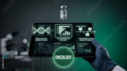 A gloved hand holds a tablet displaying oncology research data in a laboratory setting with various scientific equipment.