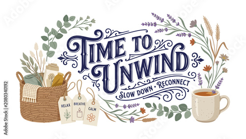 Obraz na plátně Time to Unwind: Embrace tranquility with a beautifully illustrated scene promoting relaxation and self-care, featuring the empowering phrase Time to Unwind