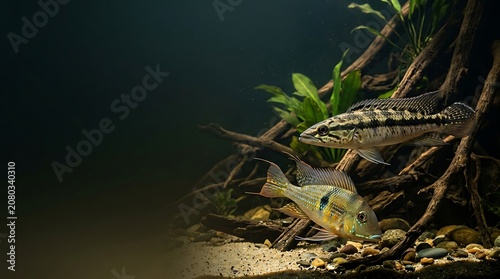 Tropical cichlid fish swimming near driftwood in a dark aquarium