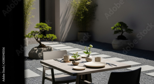 Serene Outdoor Dining Setting Minimalist Japanese Garden Bistro Ambiance