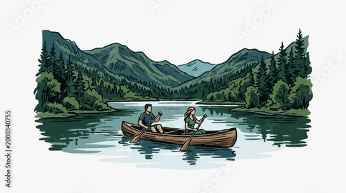 Obraz na plátně Man rowing wooden boat on calm lake with mountains.