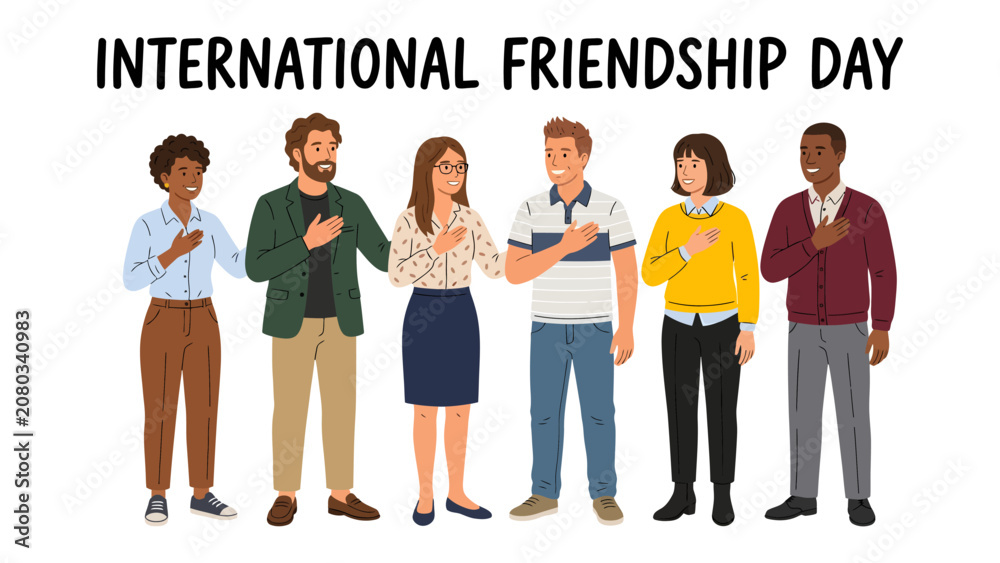 Obraz premium Celebrating International Friendship Day: A diverse group of individuals stands united, with hands placed over their hearts, symbolizing unity, connection.