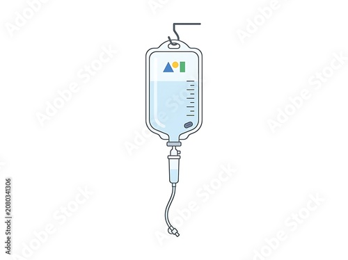 Medical intravenous drip bag hanging on a simple metal stand
