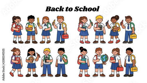 Obraz na plátně Back to School Collection: A vibrant illustration depicts a diverse group of schoolchildren, each holding books, pencils, and backpacks, ready for the academic year ahead