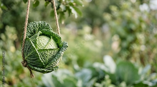 Fresh savoy cabbage hanging on a rope in a green garden