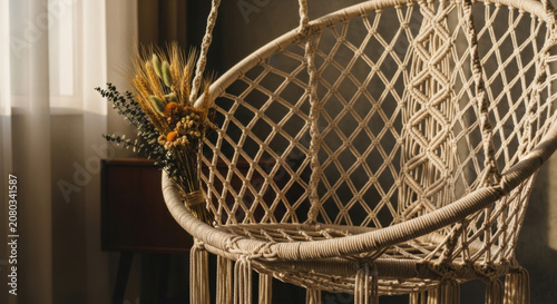 Serene Macrame Hanging Chair With Dried Floral Accent Bathed In Soft Light