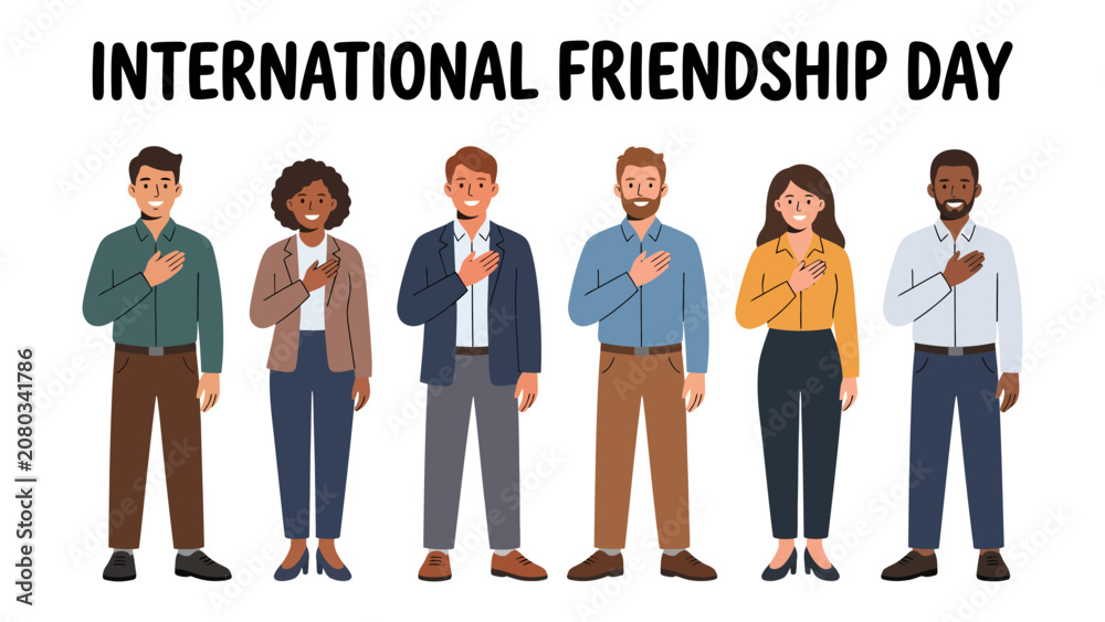 Fototapeta premium International Friendship Day Celebration: A diverse group of six people, each with a hand over their heart, stand together in unity.