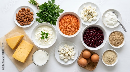 Flat lay composition of protein rich ingredients including eggs, legumes, dairy, and grains under soft studio lighting