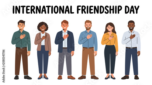 Fényképezés International Friendship Day Celebration: A diverse group of six people, each with a hand over their heart, stand together in unity