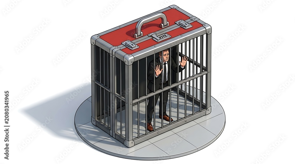 Fototapeta premium A miniature Lego style businessman figure confined inside a transparent briefcase model with red interior accents.