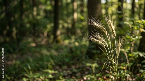 Golden wheat stalks growing in a sunlit forest glade