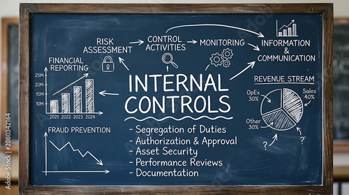 Close up of a chalkboard displaying internal controls framework, financial charts, and business symbols in a corporate setting.