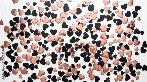 Black and rose gold heart confetti scattered on white background