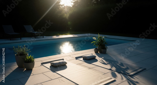 Serene Outdoor Yoga Session By A Sunlit Poolside Oasis