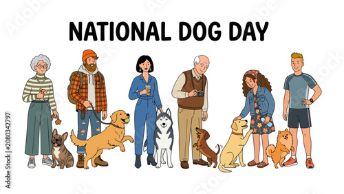 Obraz na plátně National Dog Day Celebration: A heartwarming illustration depicts a diverse group of people of various ages and backgrounds, each accompanied by their beloved canine companions