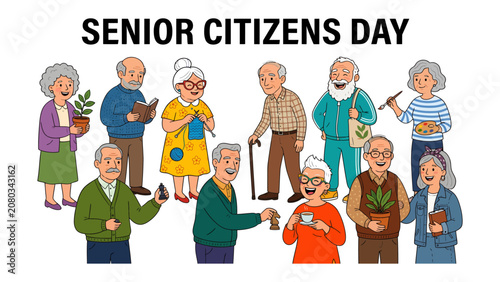 Cuadro en lienzo Seniors Day Celebration: A vibrant illustration depicting a diverse group of happy senior citizens engaged in various leisurely activities, celebrating Senior Citizens Day with joy and camaraderie