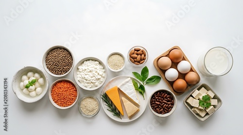 Assorted protein rich ingredients including eggs, legumes, nuts, seeds, and dairy products displayed in bowls and scattered flat lay.