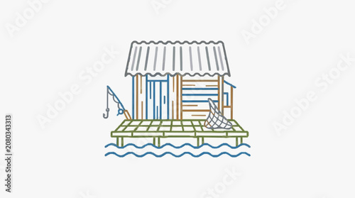 Minimalist line drawing of a classic wooden house.
