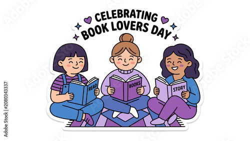 Canvas Print Celebrating Book Lovers Day: Three joyful young girls share their love for reading, engrossed in books on a vibrant rug, surrounded by festive decorations celebrating Book Lovers Day